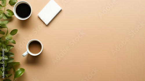 Top view of work desk with notepad, office supplies, flowers and creative clutter. Light background. Generative AI