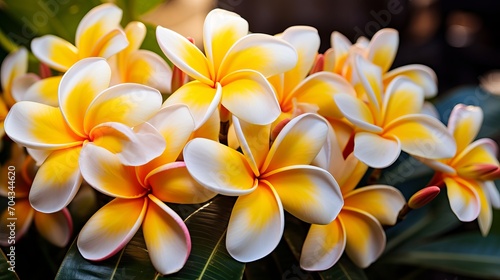 Vibrant frangipani blooms  close-up floral photography with exquisite petals and soft focus  tropical nature background  