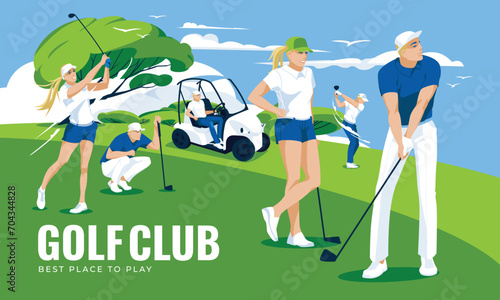 golf course with horizontal scene with athletes. landscape of green lawns. Hobbies, lifestyle, professional sports and competitions. Vector flat illustration