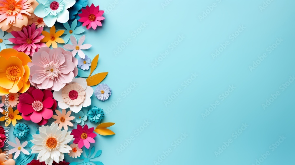 Vibrant handmade paper flowers adorning a light blue background - copy space available
Vibrant handmade paper flowers adorning a light blue background - copy space available