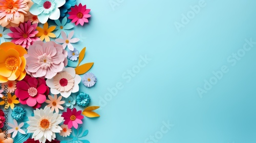 Vibrant handmade paper flowers adorning a light blue background - copy space available   © touseef