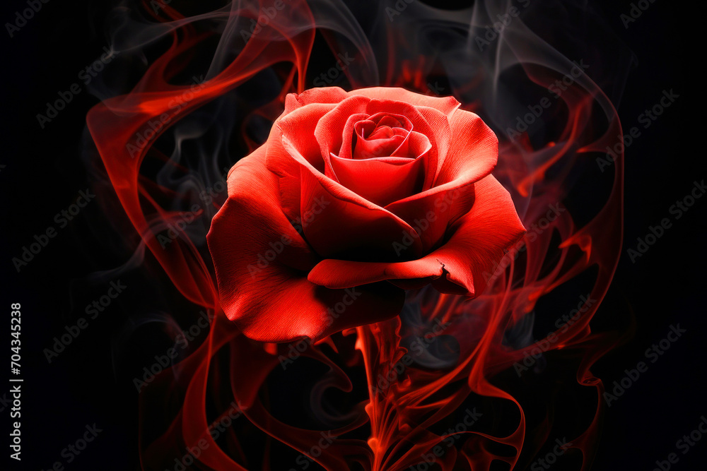 Naklejka premium Abstract card with red rose in smoke on black background