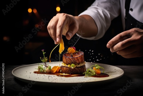 Photo of a chef garnishing a fine dining dish. Generative AI