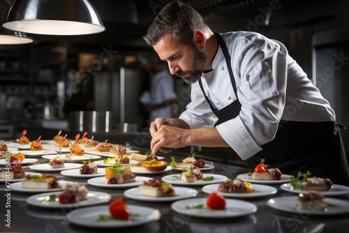 Photo of a chef plating a gourmet tasting menu. Generative AI photo