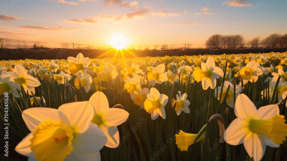 Vibrant daffodil blooms blanketing a sunlit field – springtime beauty in full bloom

