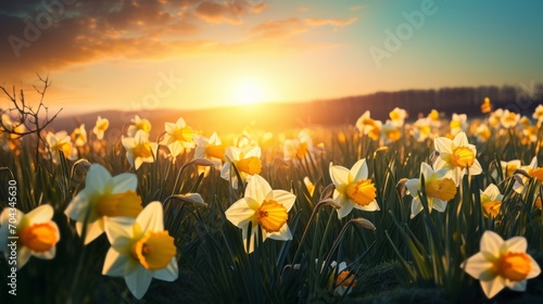Vibrant daffodil blooms blanketing a sunlit field – springtime beauty in full bloom