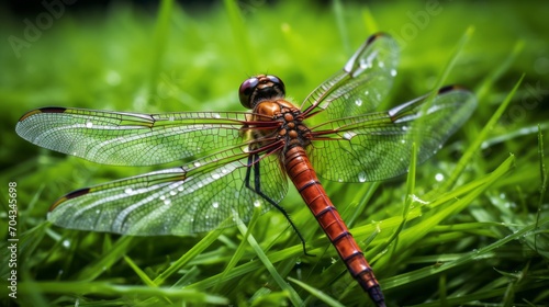 Graceful dragonfly resting on vibrant green grass in natural setting - serene wildlife photography
