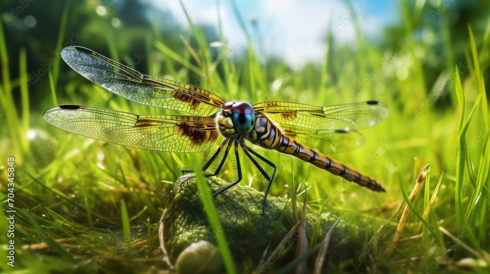 Graceful dragonfly resting on lush green grass in natural setting - serene nature scene with insect wildlife
Graceful dragonfly resting on lush green grass in natural setting - serene nature scene with insect wildlife