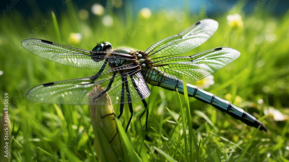 Graceful dragonfly resting on lush green grass in natural setting - serene nature scene with insect wildlife
