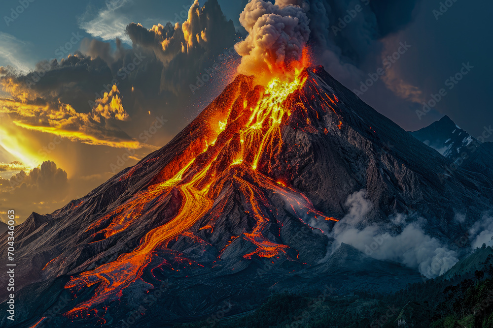 volcano erupting and spewing lava and ash