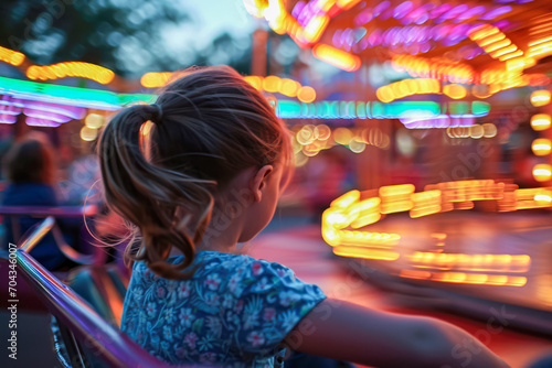 girl on a carousel in an amusement park