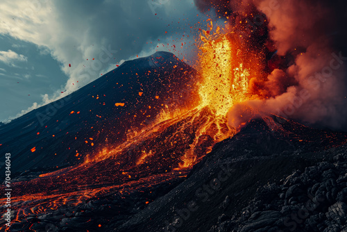 volcano erupting and spewing lava and ash photo