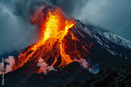volcano erupting and spewing lava and ash