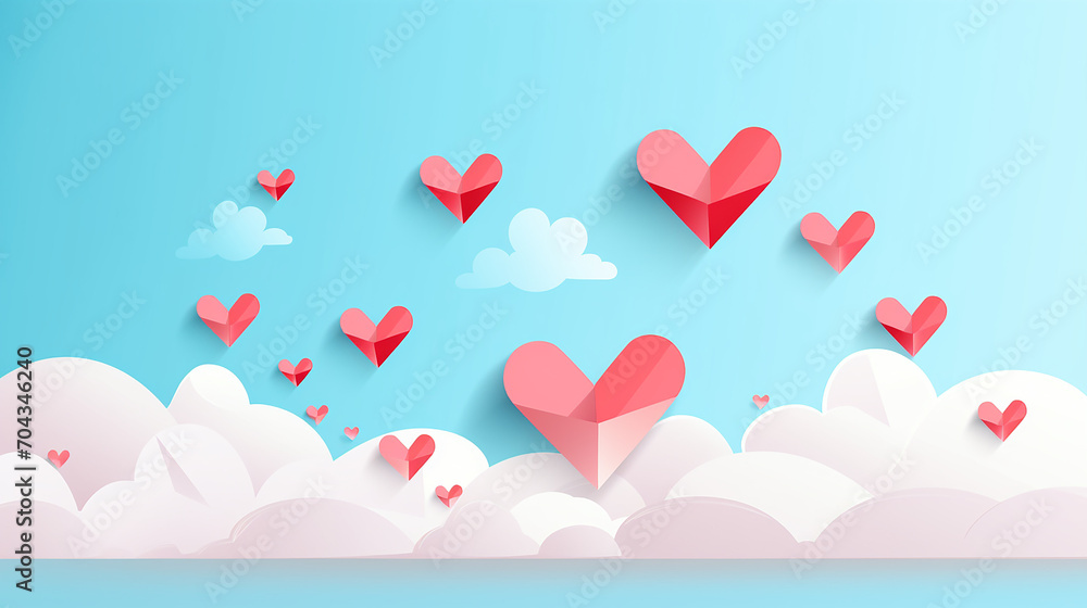 paper plane flying in the sky with letter love and many hearts floating on light blue background