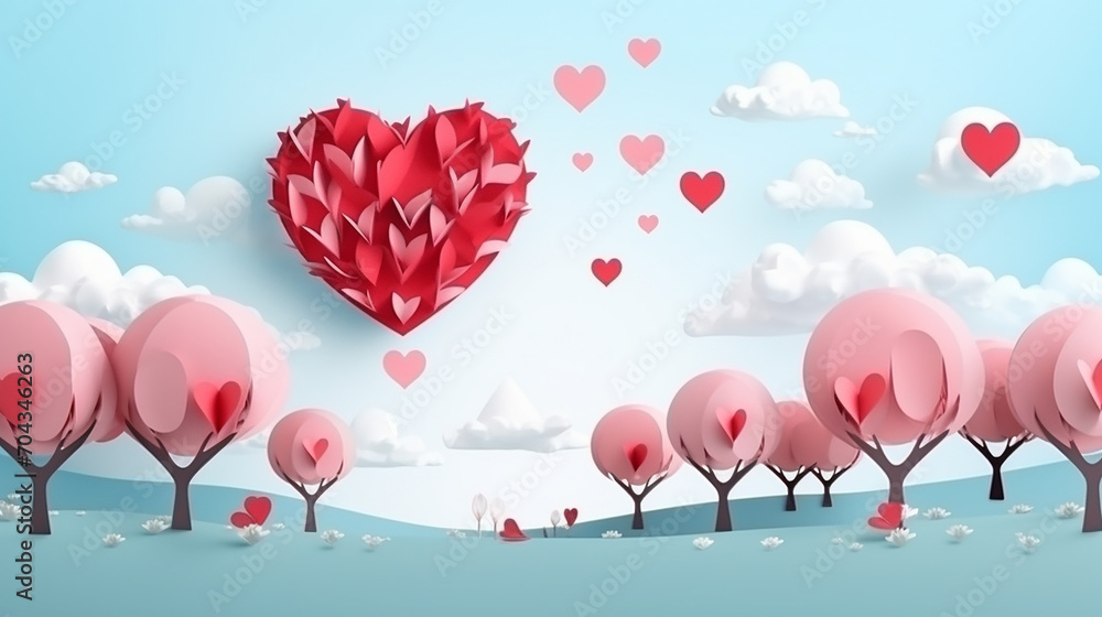 paper plane flying with heart balloon floating in the sky paper plane flying with heart balloon floating in the sky
