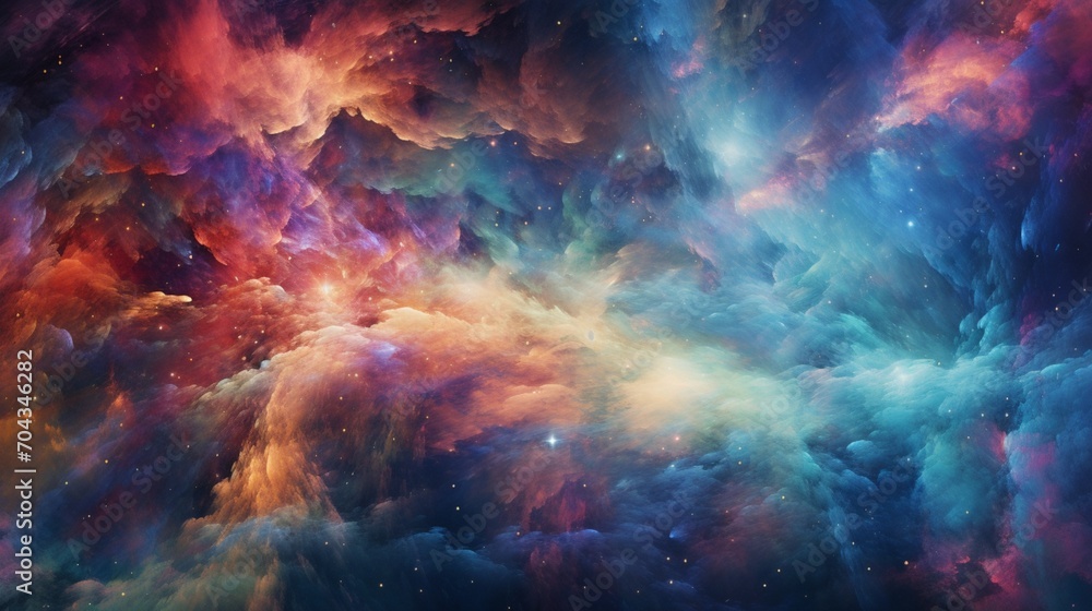 A cosmic journey through a nebula-filled galaxy, with vibrant colors swirling in space
