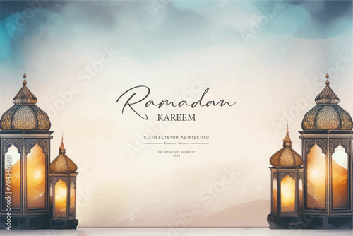 Ramadan Kareem greeting card with mosque in watercolor style. Vector illustration.