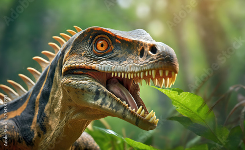 Close up portrait of a carnivore velociraptor dinosaur in the jungle.