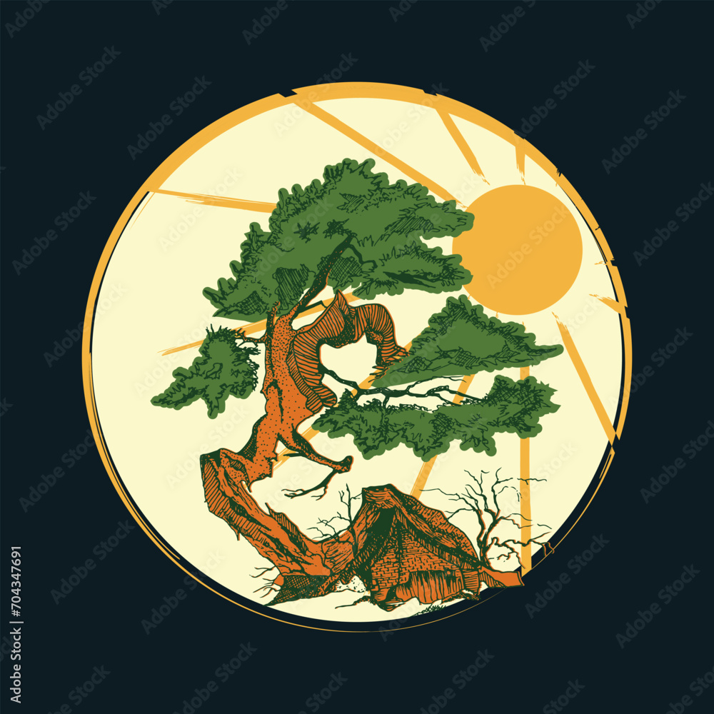 illustration of a big tree with a house with a sun background