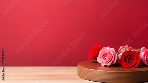 Wooden podium presentation with elegant roses on red background – copy space available