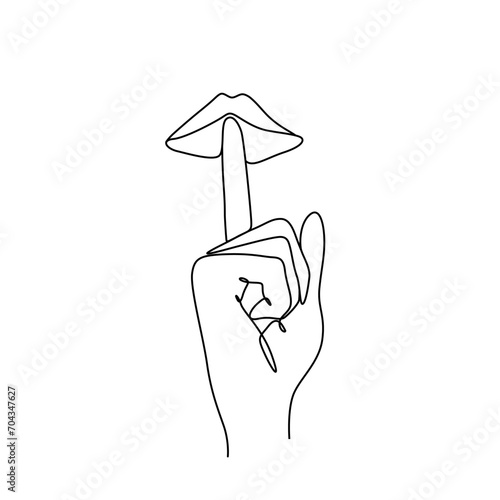 Stop talking, hand with finger next to mouth, hand drawn vector illustration. Don't talk too much stay quiet symbol. isolated on white background.