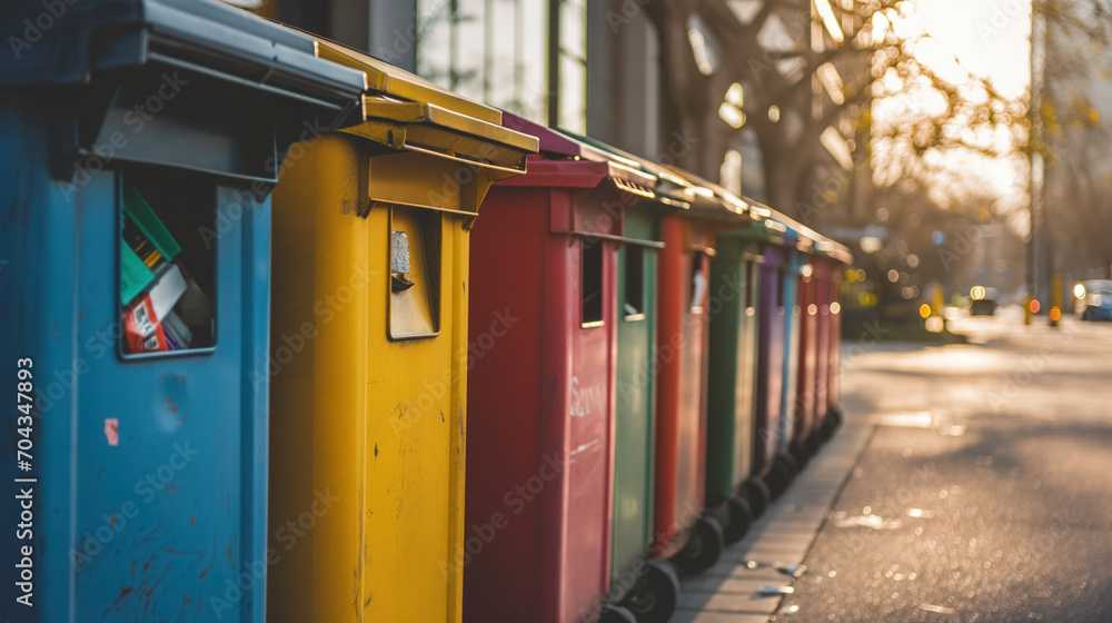 custom made wallpaper toronto digitalRow of colorful recycling bins on city street.