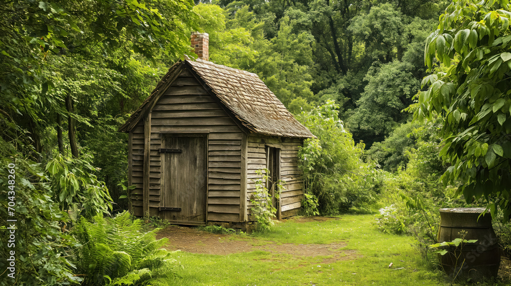 Rustic cabin in a lush green forest clearing. Rustic cabin in a lush green forest clearing.