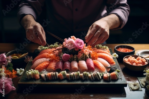 Photo of a food stylist arranging a stunning sushi rolls. Generative AI