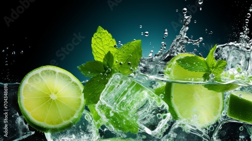 Refreshing citrus elixir: sliced lime, mint leaves, and ice cubes submerged in sparkling water 