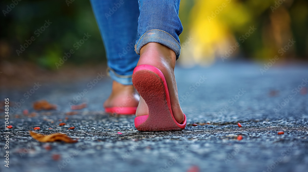 Walking on a path with vibrant pink shoes. Walking on a path with vibrant pink shoes.
