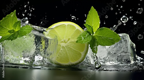 Refreshing citrus elixir: sliced lime, mint leaves, and ice cubes submerged in sparkling water
