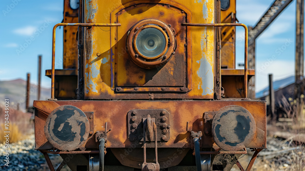 Front view of a rusty old locomotive.