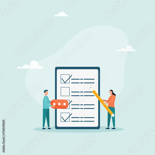 Characters complete a survey form, provide positive feedback, and complete a checklist. User experience concept. Vector illustration.
 photo
