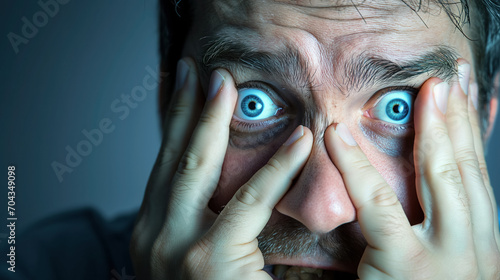Man with wide eyes showing intense fear. photo