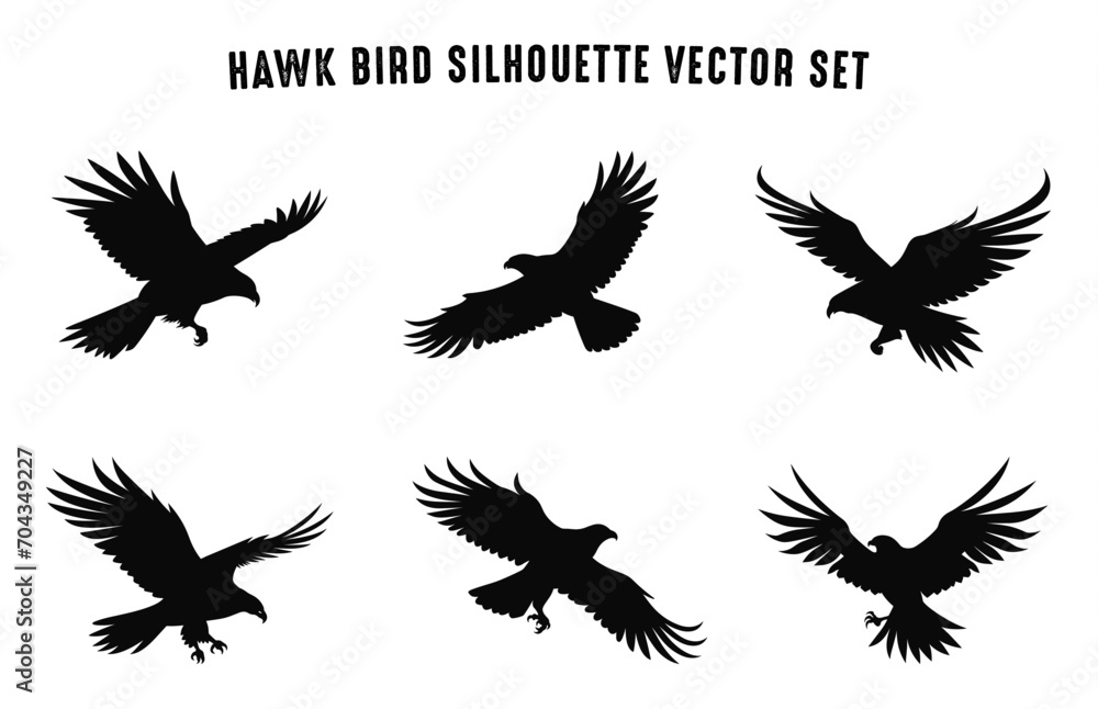 Fototapeta premium Hawk Bird Flying Silhouettes Vector Set, Hawk Birds black Silhouette icon bundle