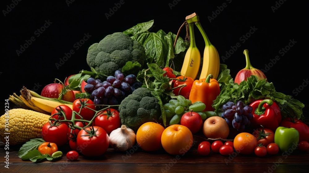 Vibrant studio composition: assorted fresh fruits and vegetables in captivating arrangement
Vibrant studio composition: assorted fresh fruits and vegetables in captivating arrangement