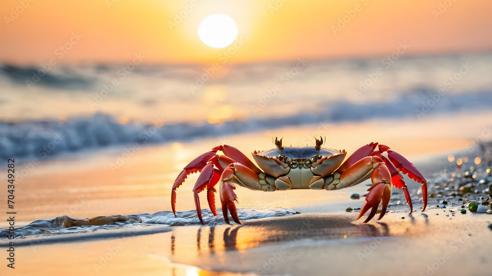 Crab on the beach at sunset. Natural background with copy space. Crab on the beach at sunset. Natural background with copy space.