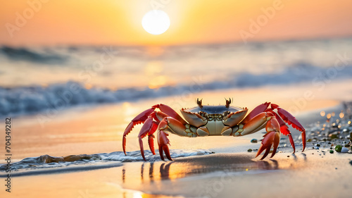 Crab on the beach at sunset. Natural background with copy space. photo