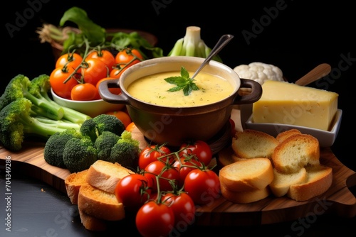 Photo of a gourmet cheese fondue with bread and vegetables. Generative AI