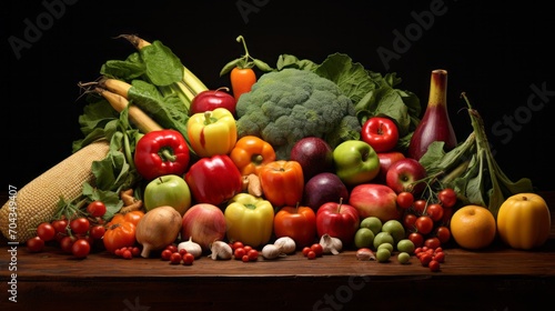 Vibrant array of fresh fruits and vegetables in studio setting - healthy eating concept with colorful produce  