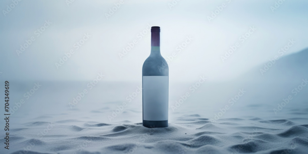 Wine bottle in a white desert sand. White mist around. Serene landscape. Generative AI Wine bottle in a white desert sand. White mist around. Serene landscape. Generative AI