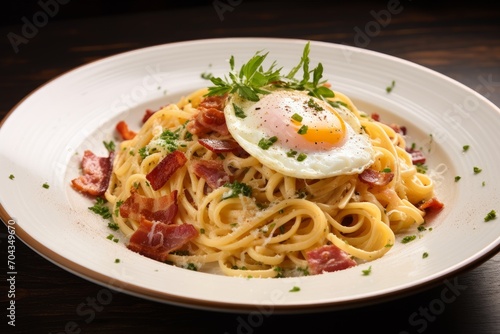 Photo of a plate of spaghetti carbonara with bacon and eggs. Generative AI