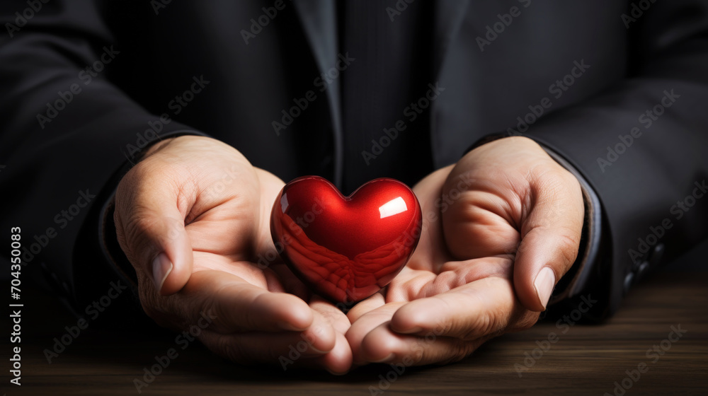 Close up of hands holding red heart. Love hope charity concept. Valentines day background. Copy space. Generative AI Close up of hands holding red heart. Love hope charity concept. Valentines day background. Copy space. Generative AI