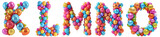 Group of 3d rendering letters K L M N O made of colorful balloons. Funny alphabet isolated on transparent background.