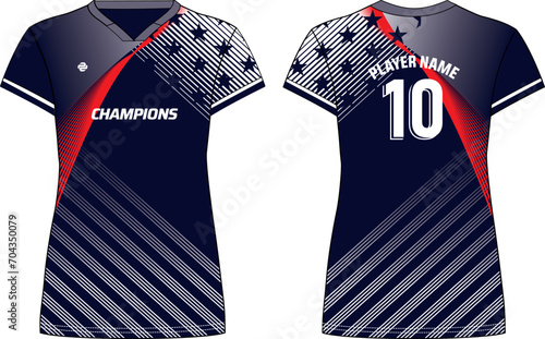 Women Sports Jersey t-shirt flat sketch design illustration with USA jersey for girls and Ladies for Volleyball jersey, Football, Soccer and netball, America uniform kit for sports