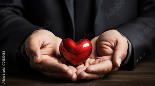 Close up of hands holding red heart. Love hope charity concept. Valentines day background. Copy space. Generative AI © AngrySun