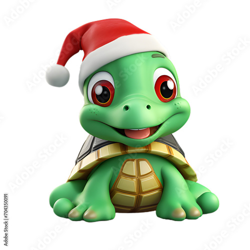 3d cartoon turtle wearing santa hat, christmas animal, on transparent background