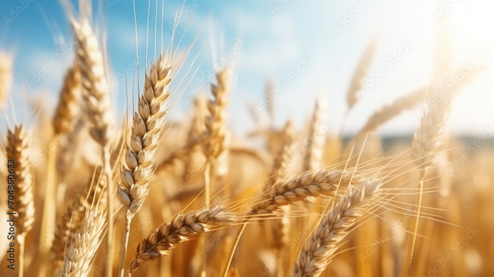 Close up of ripe golden wheat ears, field of wheat in a summer day, sun flare. Harvesting period. Generative AI Close up of ripe golden wheat ears, field of wheat in a summer day, sun flare. Harvesting period. Generative AI