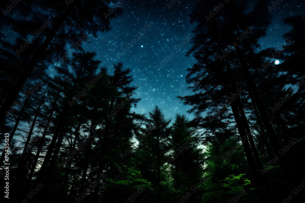 Mystical dark forest with light rays and stars. 