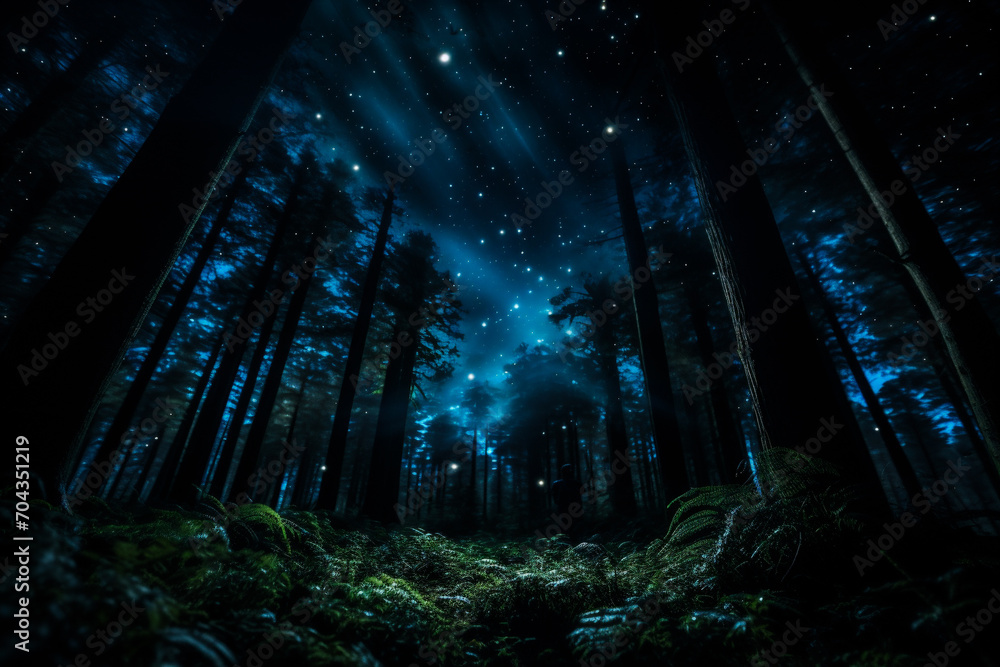 Obraz premium Mystical dark forest with light rays and stars. 